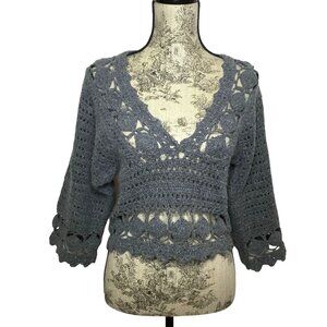 ANTHROPOLOGIE Knitted Knotted Orenburg Gray Pullover Open Knit Artisan Sweater S